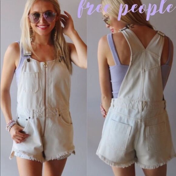 🔥Host Pick Free People Sunkissed Shortall Denim Overall Zip Off White Size 2 - Picture 2 of 12